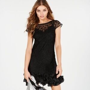 Guess Illusion Boat Neck Lace Cap Sleeve Ruffled Floral Detail Hem New